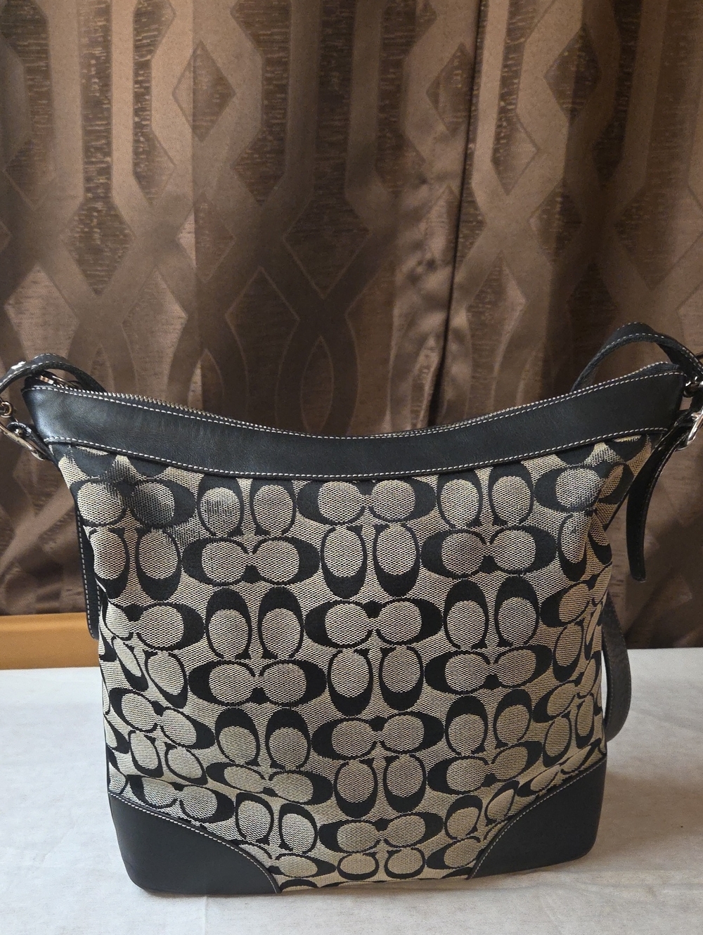Vintage Coach Canvas C Logo Shoulder Bag in Black and Tan